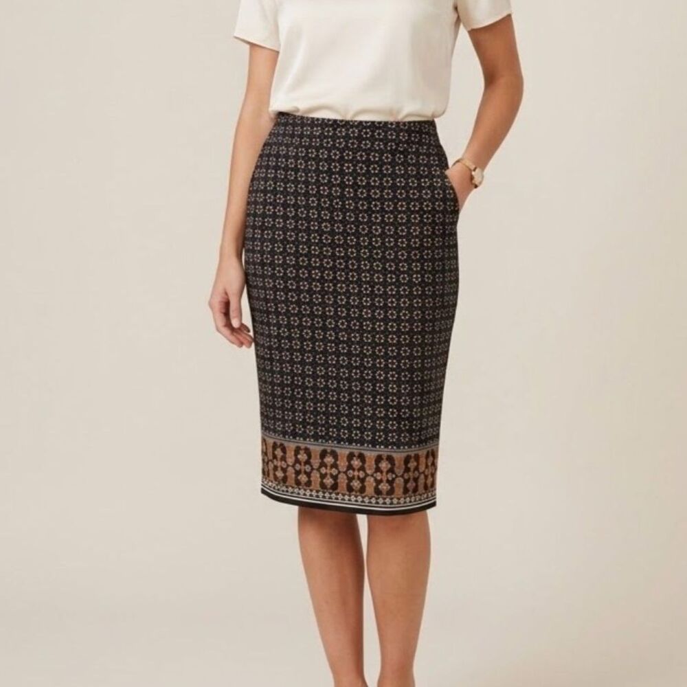 Max Studio Edit New Geometric Floral Stretch Black Multicolor Midi Skirt SZ M